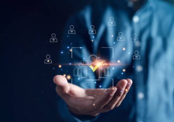 HRM or Human Resource Management, Businessman holding magnifier select and accept to manager icon which is among staff icons for human development recruitment leadership and customer target group.